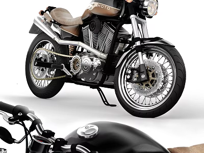 Black Classic Motorcycle With Brown Leather Seat Chrome Exhaust And Spoke Wheels 3d model