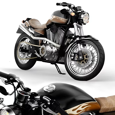 Black Classic Motorcycle With Brown Leather Seat Chrome Exhaust And Spoke Wheels 3d model Black Classic Motorcycle With Brown Leather Seat Chrome Exhaust And Spoke Wheels 3d model
