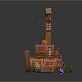 Rustic Wooden Lantern Hanging On Pole Over Stacked Crates With Items And Grass Flowers