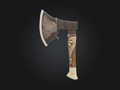 Ornate Handcrafted Axe Weapon Featuring Intricate Carvings And Wooden Ivory Handle 3d model