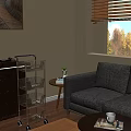 Bright Living Room Interior With Wooden Storage Shelf Sofa Side Table And Plant In Sunlight