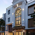 Detached Villa With Arched Glass Window Circular Ornament White Brown Facade And Illuminated Lights