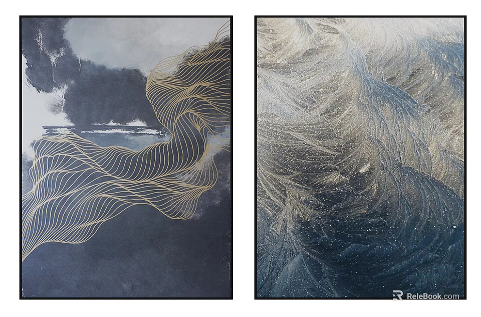 Abstract Wall Art Paintings With Golden Wave Lines And Black Blue Background 3d model 