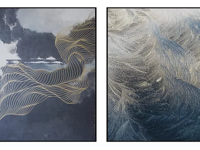 Abstract Wall Art Paintings With Golden Wave Lines And Black Blue Background 3d model
