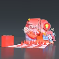 Red Themed Interactive Zone Setup With Display Stands Steps And Cartoon Decorations