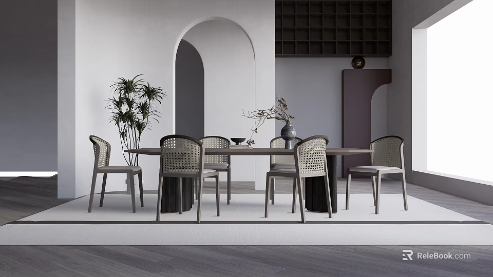 Modern Dining Room With Arched Doorway Dark Wine Rack Long Table Wicker Chairs And Plant 3d model 