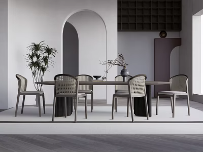 Modern Dining Room With Arched Doorway Dark Wine Rack Long Table Wicker Chairs And Plant 3d model