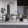 Modern Dining Room With Arched Doorway Dark Wine Rack Long Table Wicker Chairs And Plant