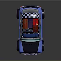 Blue Compact Car With Roof Rack Carrying Red And Blue Luggage Bags And Round Headlights