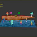 Tropical Island Scene With Palm Trees Green Area Blue Water Surfboards And Boats