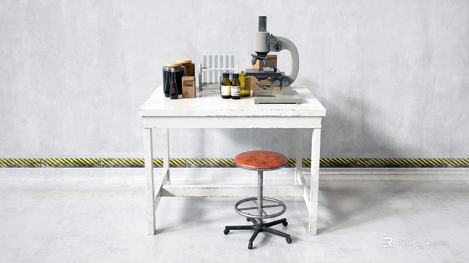 White Functional Table With Microscope Test Tube Rack Bottles And Red Stool In Lab Setting 3d model