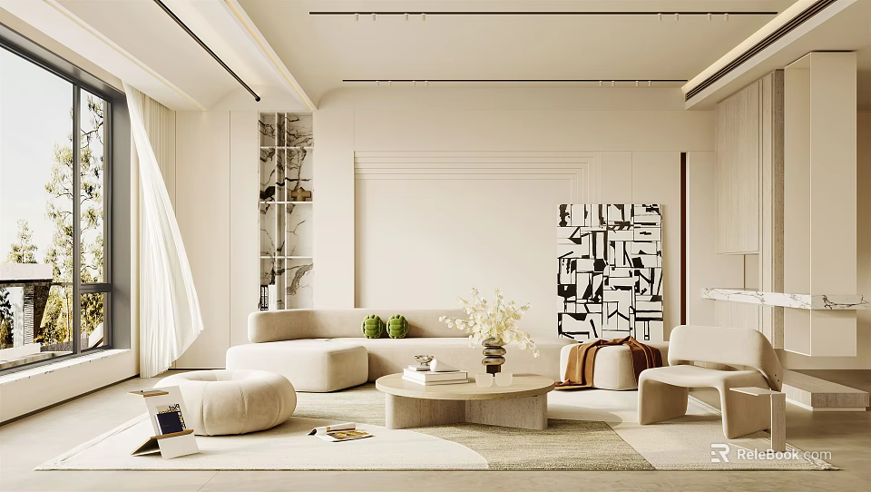 Modern Minimalist Living Room Interior With Beige Sofa Coffee Table Green Plants And Abstract Painting 3d model 