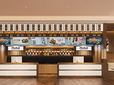 Modern Restaurant Interior With Bar Counter Wine Racks Wooden Decor And Menu Displays 3d model
