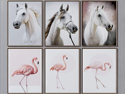 Decorative Wall Art With Three Horse Portraits And Three Flamingo Paintings 3d model
