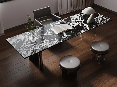 Black And White Marble Desk With Open Book Vase Plant Table Lamp Gray Chair Stools 3d model