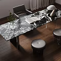 Black And White Marble Desk With Open Book Vase Plant Table Lamp Gray Chair Stools