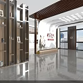 Chinese Style Lobby Interior With Wooden Screen TV Bookshelf And Green Door