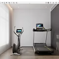 Modern Home Gym Room With Elliptical Trainer Treadmill Digital Screens White Walls And Wooden Floor