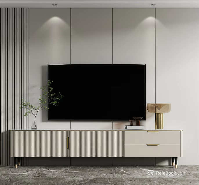 Modern TV Stand Design With Flat Screen TV Vase Table Lamp And Books 3d model 