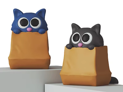 Cute Cat Decorative Ornament Set Peeking From Yellow Bags Blue Grey Kittens On White Stands 3d model
