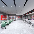 Modern Service Hall Interior With Seats Desks And Large Digital Display Setup 3d model