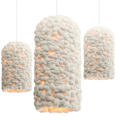 Natural Textured White Pebble Pendant Lights Cylindrical Shape With Warm Glow 3d model