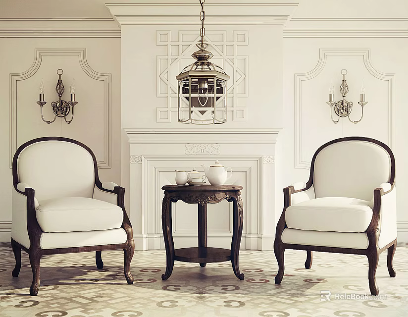 Leisure Sofa Set With Armchairs Side Table Fireplace Chandelier Wall Sconces And Patterned Flooring 3d model 