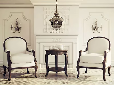Leisure Sofa Set With Armchairs Side Table Fireplace Chandelier Wall Sconces And Patterned Flooring 3d model