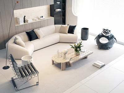 Modern Beige L shaped Sofa with Black Cushions and Wooden Coffee Table in Living Room Interior 3d model