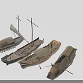 Traditional Wooden Boats With Sails And Oars Floating On Calm Water With Reflections