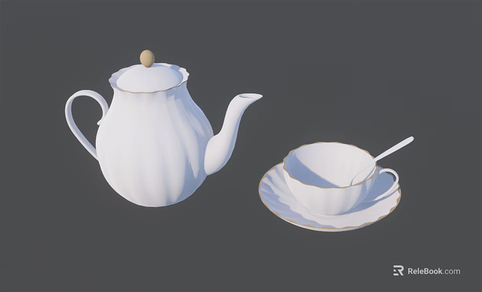 Elegant White Teapot Teacup with Saucer and Spoon for Tea Time 3d model 