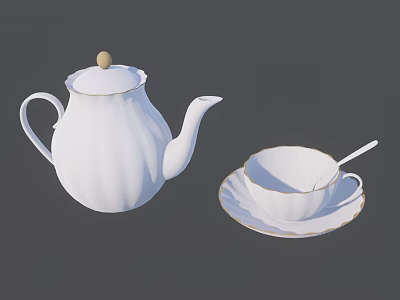 Elegant White Teapot Teacup with Saucer and Spoon for Tea Time 3d model