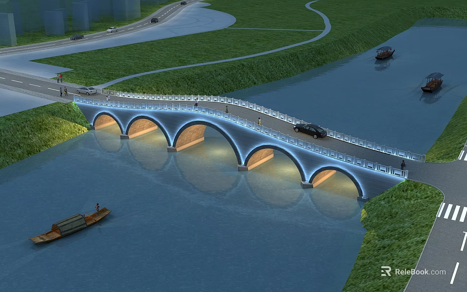 Arched Bridge Over River With Vehicles Pedestrians Green Surroundings Lighting Reflection And Boats 3d model 