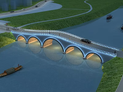 Arched Bridge Over River With Vehicles Pedestrians Green Surroundings Lighting Reflection And Boats 3d model