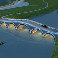 Arched Bridge Over River With Vehicles Pedestrians Green Surroundings Lighting Reflection And Boats