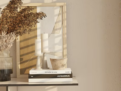 Ornamental Decor Collection With Dried Flowers Wooden Frame Candles Bowl And Books 3d model