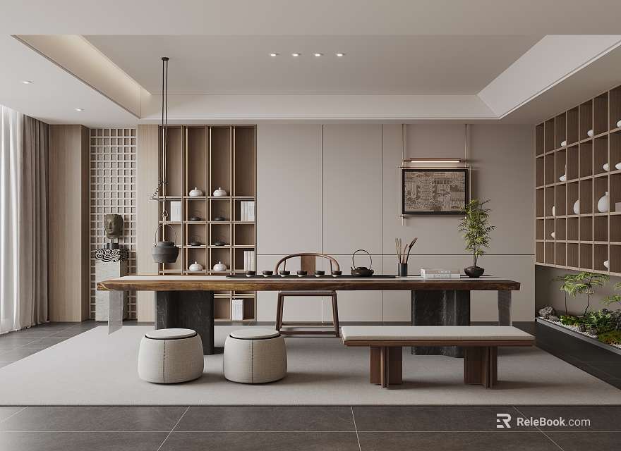 Modern Tea Room Interior With Long Wooden Table Tea Sets Shelves And Green Plants 3d model 