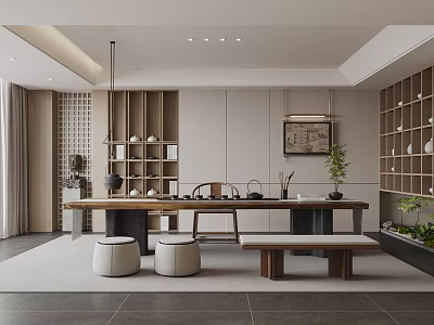 Modern Tea Room Interior With Long Wooden Table Tea Sets Shelves And Green Plants 3d model