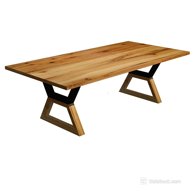 Modern Wooden Dining Table With Natural Wood Grain And Geometric Black Legs 3d model 