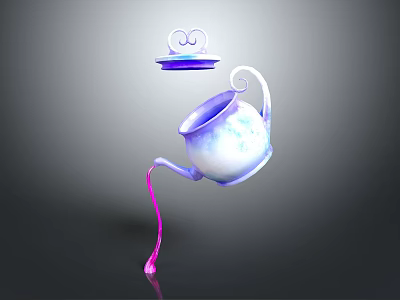 Artistic Purple White Teapot With Pink Dripping Liquid And Saucer 3d model
