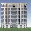 Modern High Rise Building Exterior Design With Glass Windows Green Lawn And Blue Sky