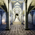 Arched Tunnel With Lion Statues Along Stone Brick Pathway And End Light