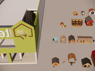 Garden Ornaments With Miniature Pet Themed Houses And Green Structure Design 3d model