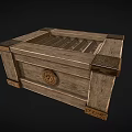 Decorative Ornament Set Featuring Vintage Wooden Box With Metal Corner Accents And Circular Carved Emblem