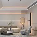 Modern Living Room Interior With Beige Sofa Circular Art Floor Lamp Coffee Table And Plants