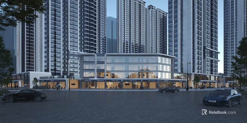 Modern Commercial Street With Glass Facade Building Tall Skyscrapers Pedestrians And Vehicles 3d model 