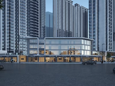 Modern Commercial Street With Glass Facade Building Tall Skyscrapers Pedestrians And Vehicles 3d model