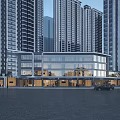 Modern Commercial Street With Glass Facade Building Tall Skyscrapers Pedestrians And Vehicles