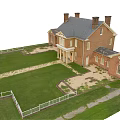 Historic Red Brick House With Two Chimneys Lawn White Fence Gate And Stone Lion Statues