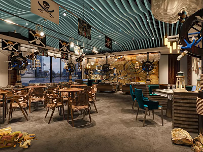 Pirate Themed Bar Interior With Wooden Ceiling Nautical Decorations Tables Blue Chairs And Stone Accents 3d model
